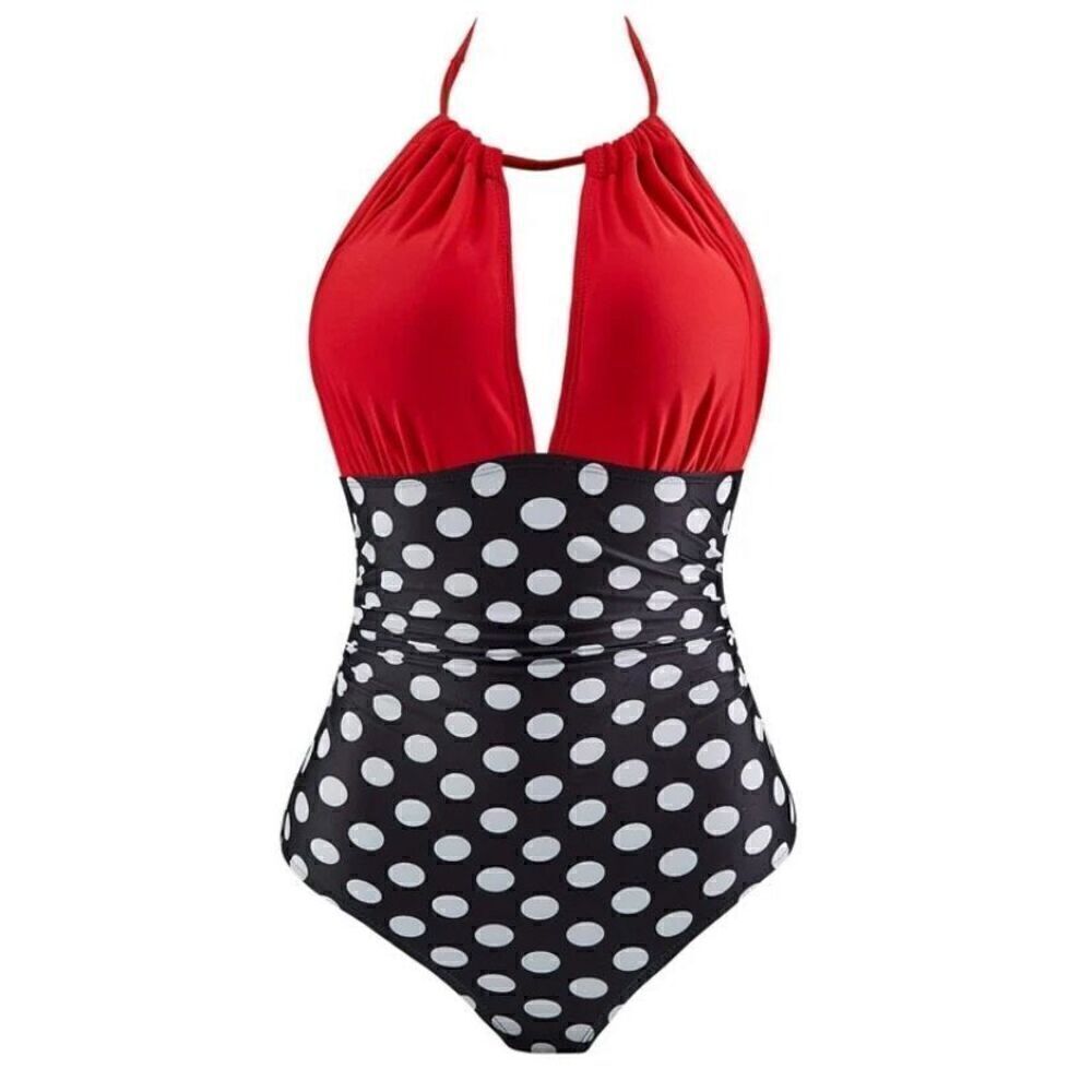 Eomenie Women's‎ Multicolor Solid Polka Dots Open Back Halter Swimsuit Size XL